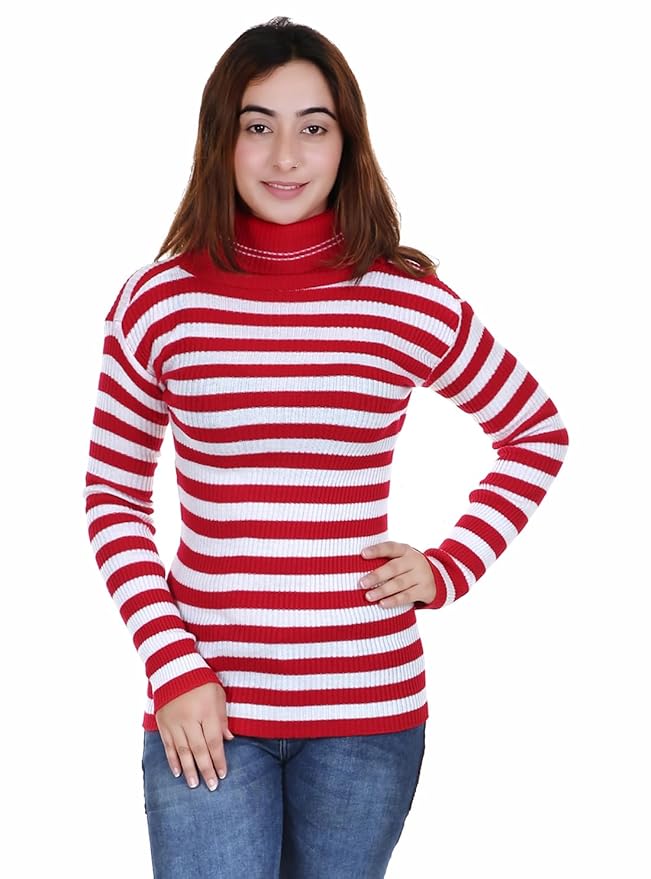 LOVO Women’s & Girls Strip Super Warm Woolen Full Sleeves High Neck/Inner/Skivvy/Sweater/Pullover for Winters. Pack of 1