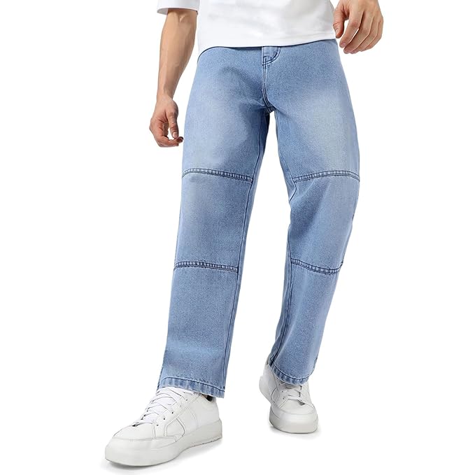 Urbano Fashion Men’s Loose Baggy Fit Cut and Sew Panelled Jeans Non-Stretchable