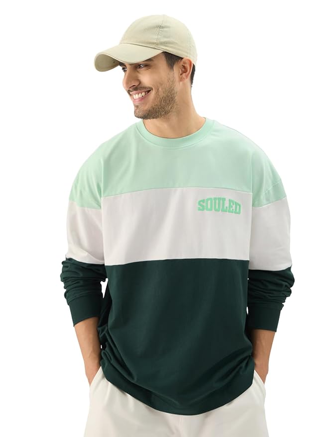 The Souled Store Jasper Men and Boys Round Neck Green and White Colorblock Full Sleeve Oversized T-Shirts Oversized Men’s T-Shirts Solid Tees Casual Fashion Relaxed Fit Full Sleeves Round Neck