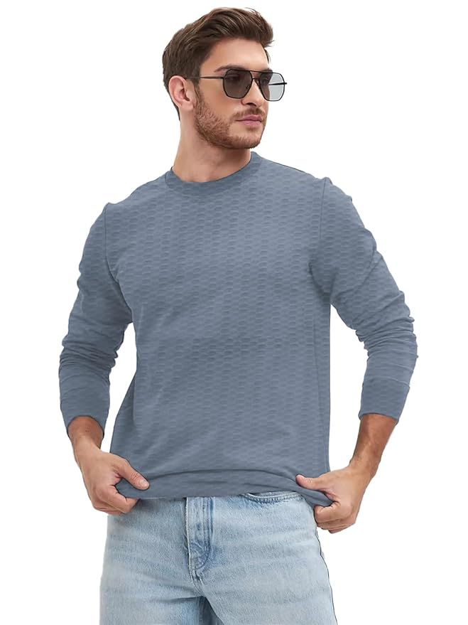 LEOTUDE Men’s Regular Fit Cottonblend Full Sleeve Textured Solid T-Shirt for Men (Color Grey)