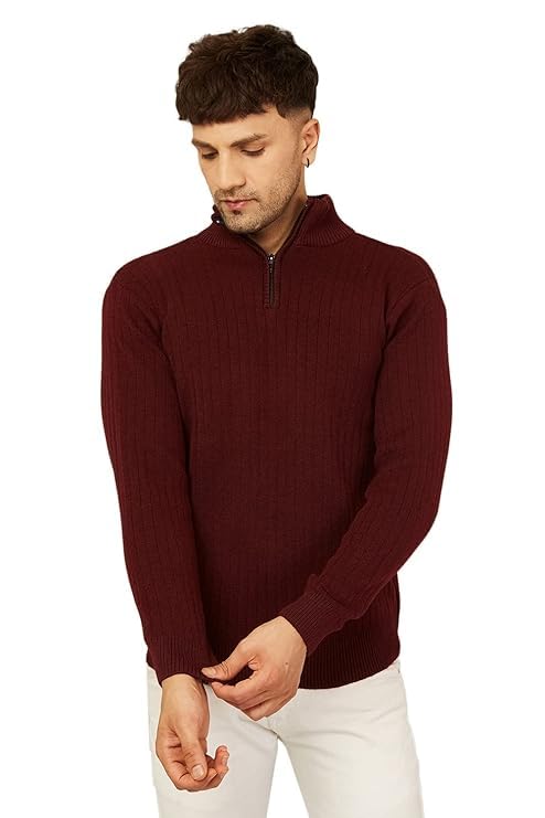 Kvetoo Men High Neck Zipper Full Sleeve Woolen Winter Sweater
