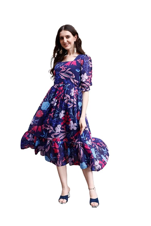 SMOWKLY Women’s Georgette Floral Printed Indo-Western Ethnic Gown || Half Sleeve V Neck Fit & Flare Flared Hem Design || A-Line Maxi Dress Casual Wear