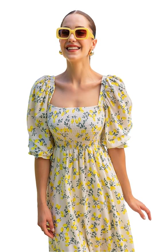 Sheetal Associates Women’s Maxi Floral Print Crepe Puff Sleeves Casual Dress