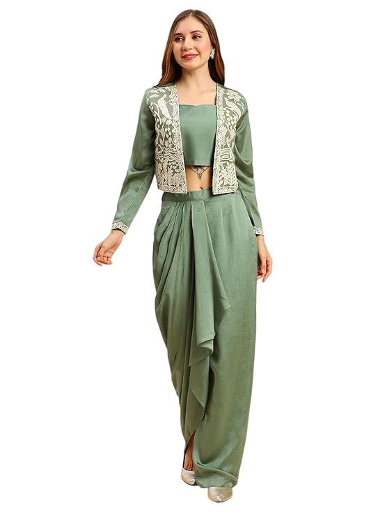 madhuram women’S Vichitra Silk Dhoti Skirt And Choli With Short Coti Set For Solid With Heavy Embroidery Work Set(M-2459)