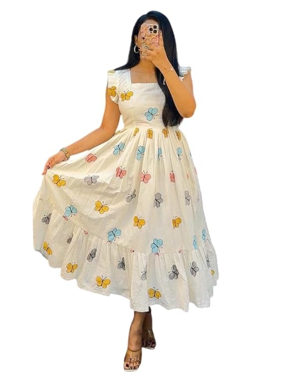 VERONICA LIFESTYLE Women Pure Reyon Anarkali Kurta for Women | Floral Butterfly Design Print | Anarkali Kurti for Women | Western Maxi Fit & Flare Dress | Casual Spring and Everyday Wear