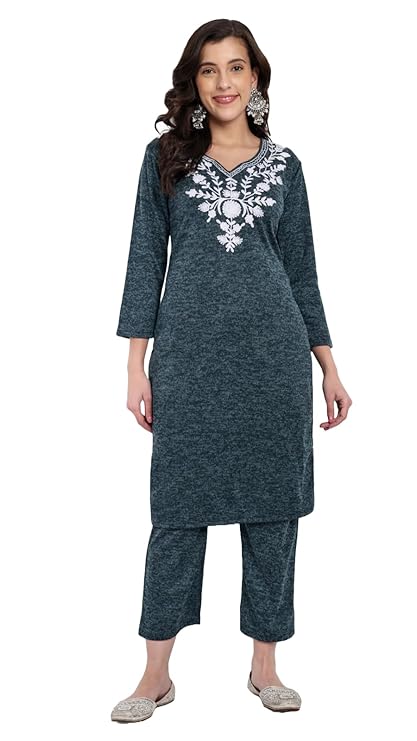 FNOCKS Winter Wear Warm Woollen Embroidery Work Kurta Pant Set for Women's (2 Pcs)