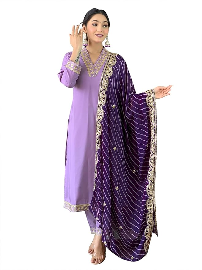 Naixa Women's BSY Viscose Embroidered Straight Kurta with BSY Viscose Pant and Silk Blend Laced Dupatta Sets