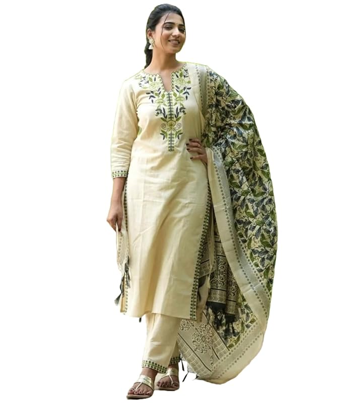 GoSriKi Women's Rayon Blend Straight Embroidered Kurta with Pant & Dupatta