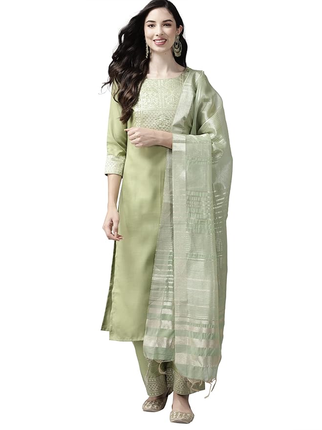 INDO ERA Women's Cotton Blend Yoke Design Straight Kurta Pant with Dupatta Set