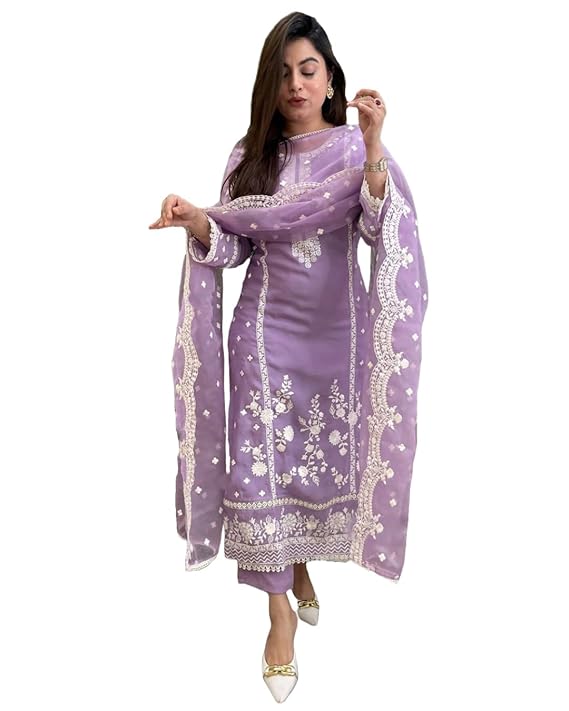 GoSriKi Women's Rayon Blend Straight Embroidered Kurta with Pant & Dupatta