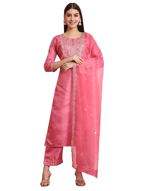 VredeVogel Women's Silk Blend Embroidered Kurta with Pant & Dupatta Set
