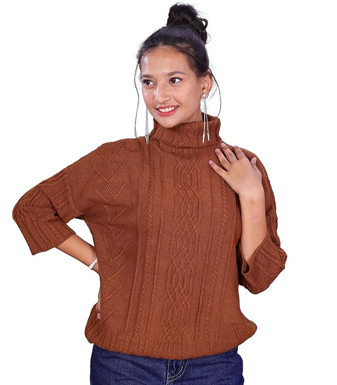 ICW Women Knit-Rib 3/4 Sleeve Self Design Turtle Neck Woolen Winter Pull Over Top T-Shirt Sweater Dn16 (S-M-L)