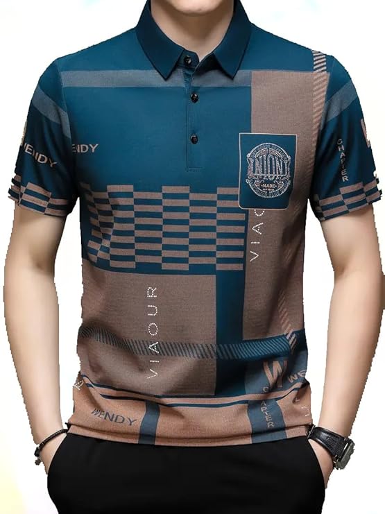Men’s Irregular Geometric Pattern and Alphabet Print Sports Collar Tshirt (Rizim Temu Print Polo-Blue)