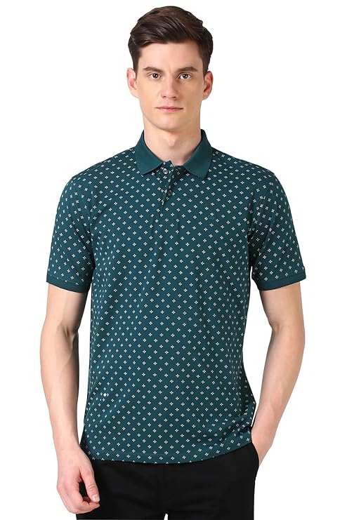 Peter England Men Green Print Polo Neck Polo T-Shirts