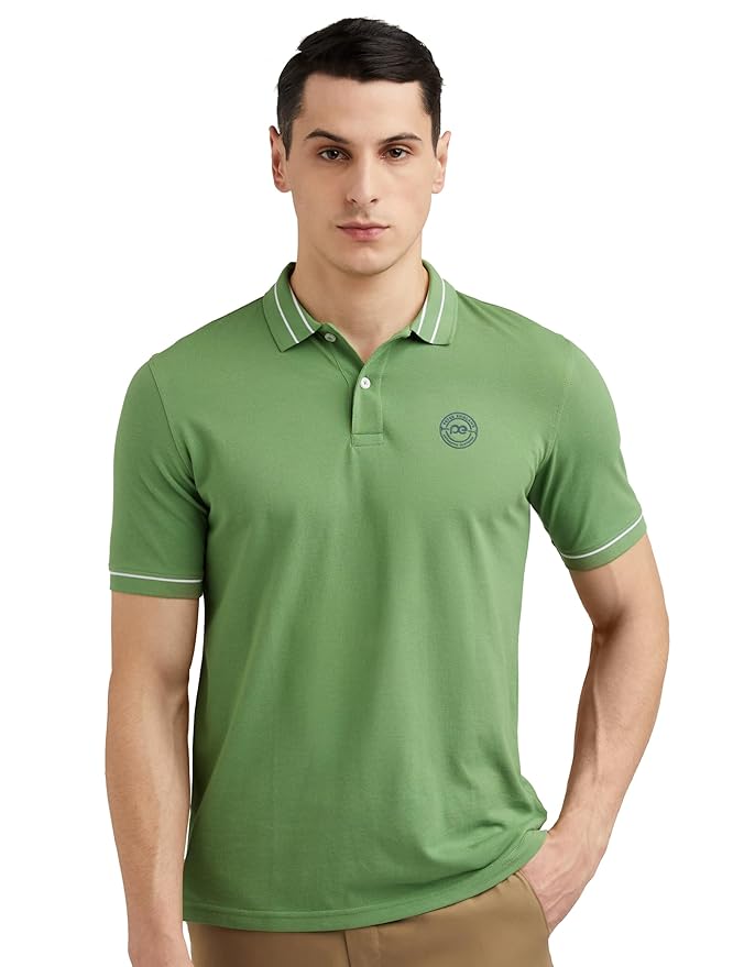 Peter England Men’s Regular Fit Branded Insignia Half Sleeve Polo T-Shirt | Cotton Rich | Premium Pique Weave