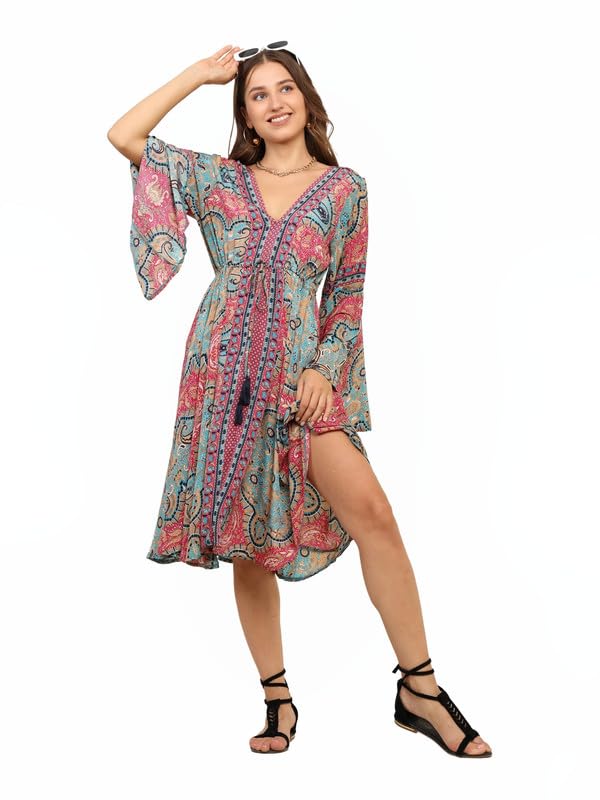 KE KANHA EXPORTS Dress for Woman – Short Dress & Long Dress Latest Stylish Unique Border Design and Tassel Stretchable with Adjustable Drawstring fit and Flare Dress Beach wear