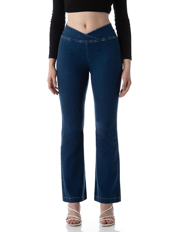 INKD Women’s Flared Pull-on Jeans – Mid-Rise| Stretchable | Enzyme Wash | Slant Waistband | Jeans for Women
