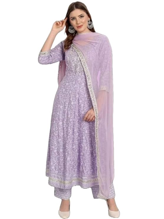 LookMark Women Kurta Set in Light Purple Color and Cotton Blend Fabric With Pant and Dupatta