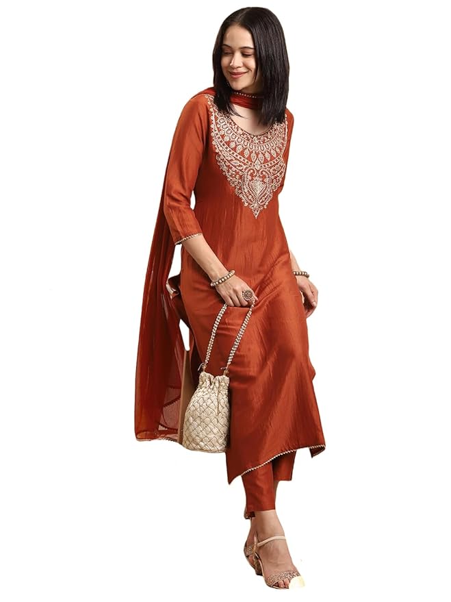 GoSriKi Women's Rayon Viscose Straight Embroidered Kurta with Pant & Dupatta