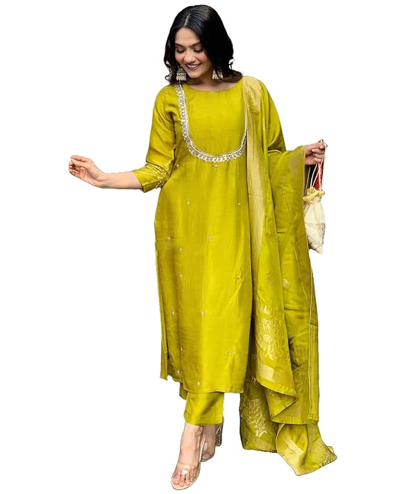 GoSriKi Women’s Silk Blend Straight Embroidered Kurta with Pant & Dupatta