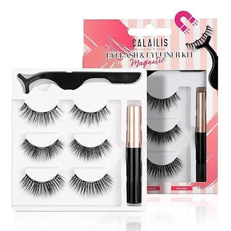 CALAILIS Magnetic Eyelashes for Women,Natural Reusable Magnet Eyelashes 3 Pairs Eyelashes Magnetic with Tweezers& Waterproof Eyeliner(CY302)