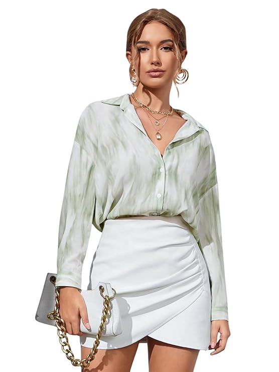 GRECIILOOKS All Over Print Regular Fit Long Korean Tops Oversized Shirt for Women