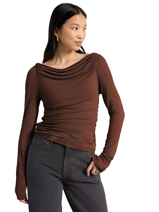SIGHTBOMB Bare Shoulder Ruched Premium Butter Soft Feather Touch Microfiber Cuddle TEE Fullsleeve TOP for Women