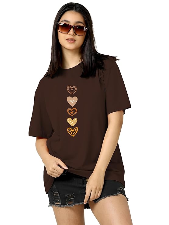 TQH Women’s Casual Printed Round Neck, Oversized Longline Drop Shoulder Boho Style T-Shirt