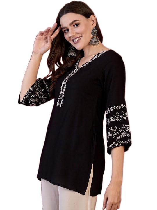 MAHIRA’S Comfort Short Kurti for Women | Indian Women’s Tunics Tops | Rayon Top with 3/4 Designer Sleeves | Kurta Shirt Top for Ladies