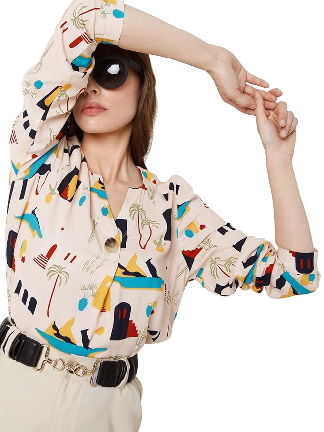 VERO MODA Printed Viscose V-Neck Womens Top (S22VM10277625-P)