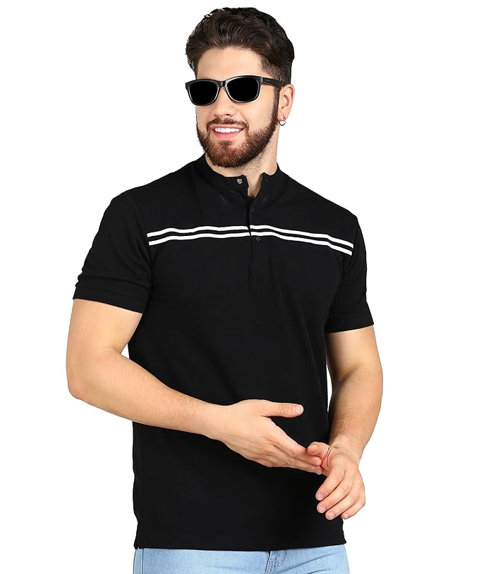 Alan Jones Clothing Men’s Mandarin Collar Solid Regular Fit Polo T-Shirt