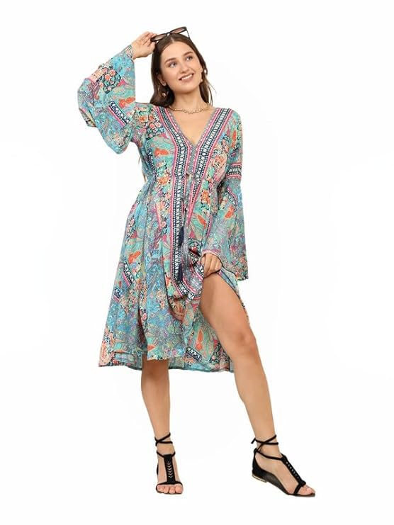 KE KANHA EXPORTS Women’s Fit & Flare Western Dress – Unique Tassel & Border Design, Stretchable Fabric with Drawstring, Stylish Beachwear