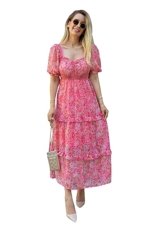 Sheetal Associates Women’s Floral Puff Sleeve High Waist A Line Flowy Long Dress
