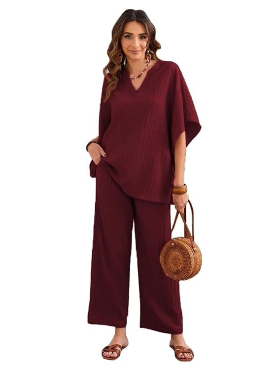 TADKEE Women’s Solid Color V-Neck Kaftan Sleeve Casual Wear Co ord Set | Kurta Set for Women