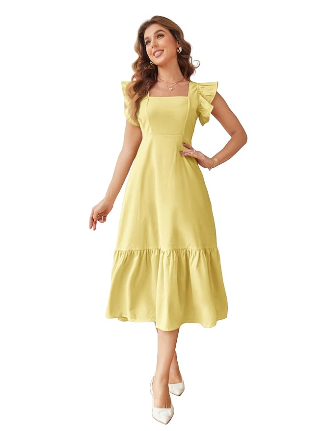 Shasmi Girl’s & Women’s Solid Color Square Neck, Ruffle-Trimmed Hem Sleeveless, Ruffle Armhole and Casual Dress with Cinched Waist Vacation Outfits Woman (Dress 162)