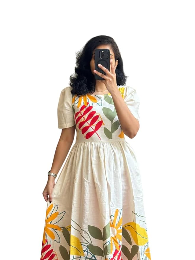 eightone Women Floral Print Cotton Midi Dress, Short Sleeve, White with Yellow and Red Flowers, A-Line Fit (in, Alpha, XL, White)