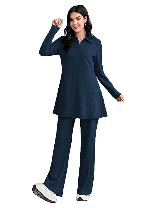 TADKEE Women’s Solid Color Two-Piece Set | Long Sleeve Top & Wide Leg Pants Co-ord Set | Casual Wear Co ord Set