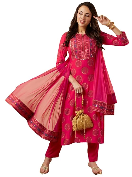 GoSriKi Women’s Cotton Blend Straight Printed Kurta with Pant & Dupatta