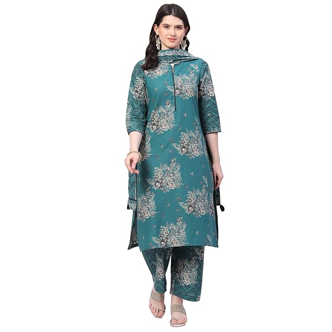 BIBA Women Dark Cotton Straight Kurta Palazzo Suit Set