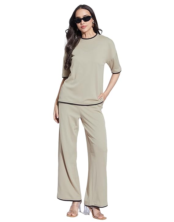 SIRIL Women's Co-ord Set Textured Lycra Top and Trouser Pant Set | Co ord Set for Women Stylish | Two Piece Co-ord Set