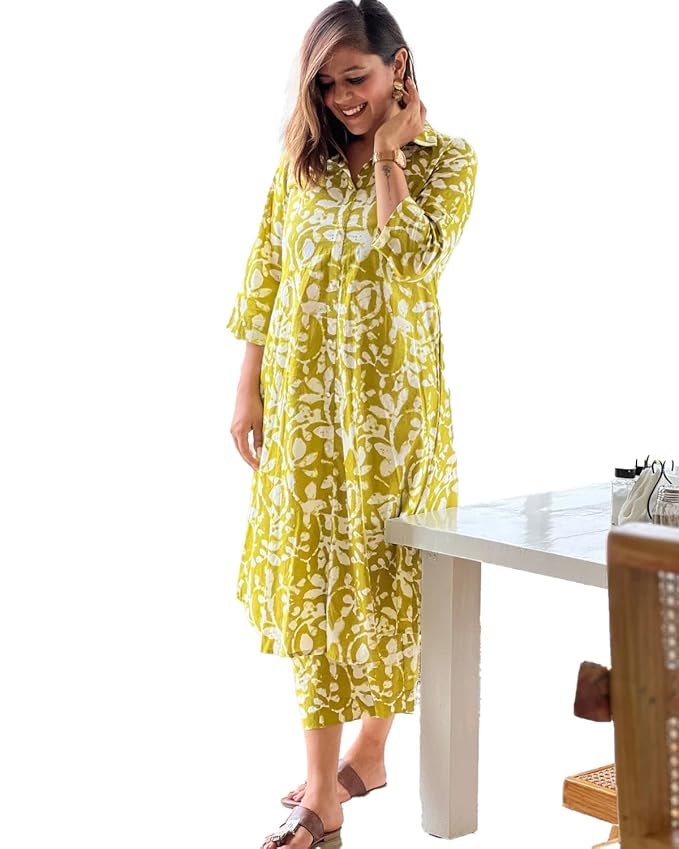 GEHU GARMENTS Women Rayon Printed A-line Kurta with Pant Set for Causal|Co-ord Set|Floral Print|3/4th Sleeves
