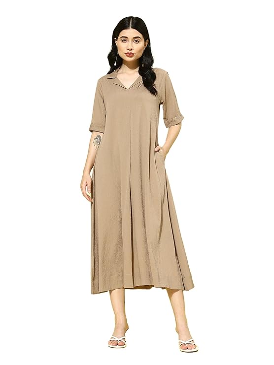 Varanga Women Beige Shirt Collar A-Line Dress – Stylish Calf Length Short Sleeves Dress for Comfortable Everyday Wear, Women Kurtis Latest Fashion