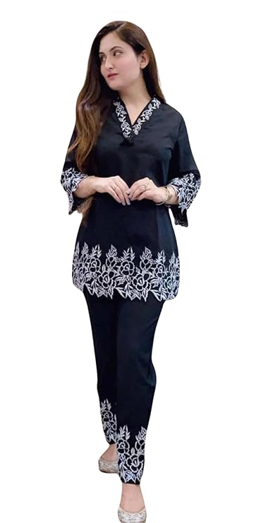 ZANETA Women's Rayon Fabric 3/4 Sleeves Collared Neck Thread Embroidery Cord Set