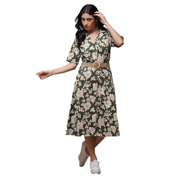 BIBA Women Forest Green Cotton Straight Printed Dress
