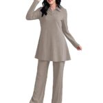 TADKEE Women's Solid Color Two-Piece Set | Long Sleeve Top & Wide Leg Pants Co-ord Set | Casual Wear Co ord Set