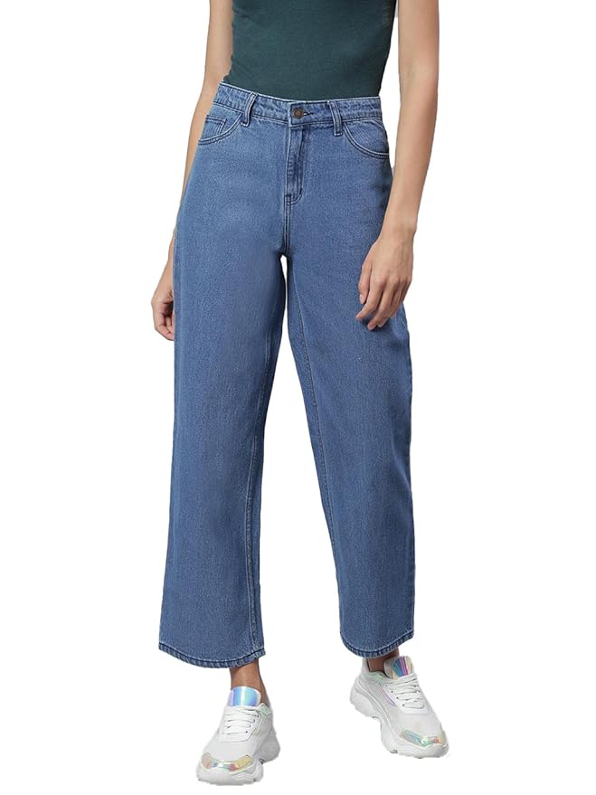 KOTTY Women High Rise Cotton Lycra Ankle Length Straight fit Cornflower Blue Solid