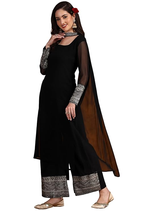 EthnicJunction Women's Georgette Embridered Kurta Palazzo and Dupatta Set