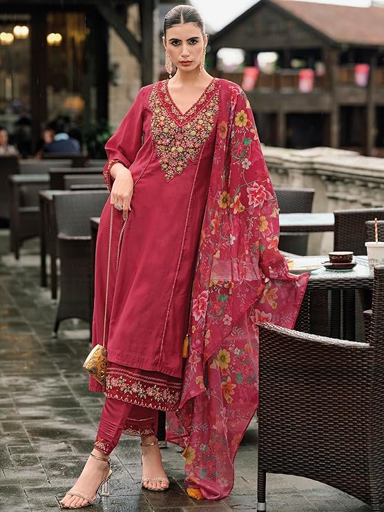 INDO ERA Women's Silk Blend Embroidered A-Line Kurta Pant with Dupatta Set