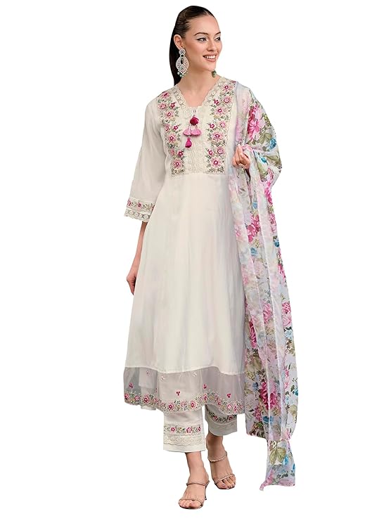 INDO ERA Women’s Silk Blend Embroidered A-Line Kurta Pant with Dupatta Set