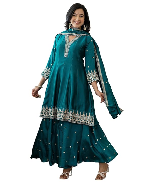 SIRIL Women’s Rayon Viscose Sequence Embroidery Anarkali Kurta with Flared Plazzo & Dupatta